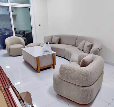 Stylish Curved Design Fabric Sofa Set with Coffee Table