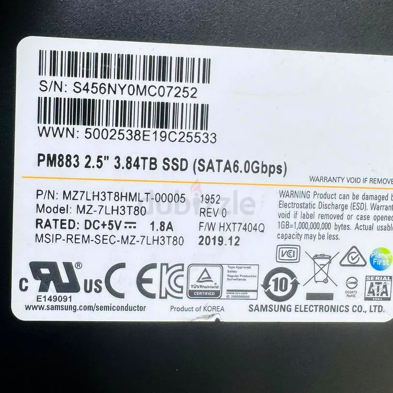 سamsung 3.84 تيرابايت PM883 SSD بحجم 2.5 بوصة، واجهة SATA، بصحة 99%63257117272579112