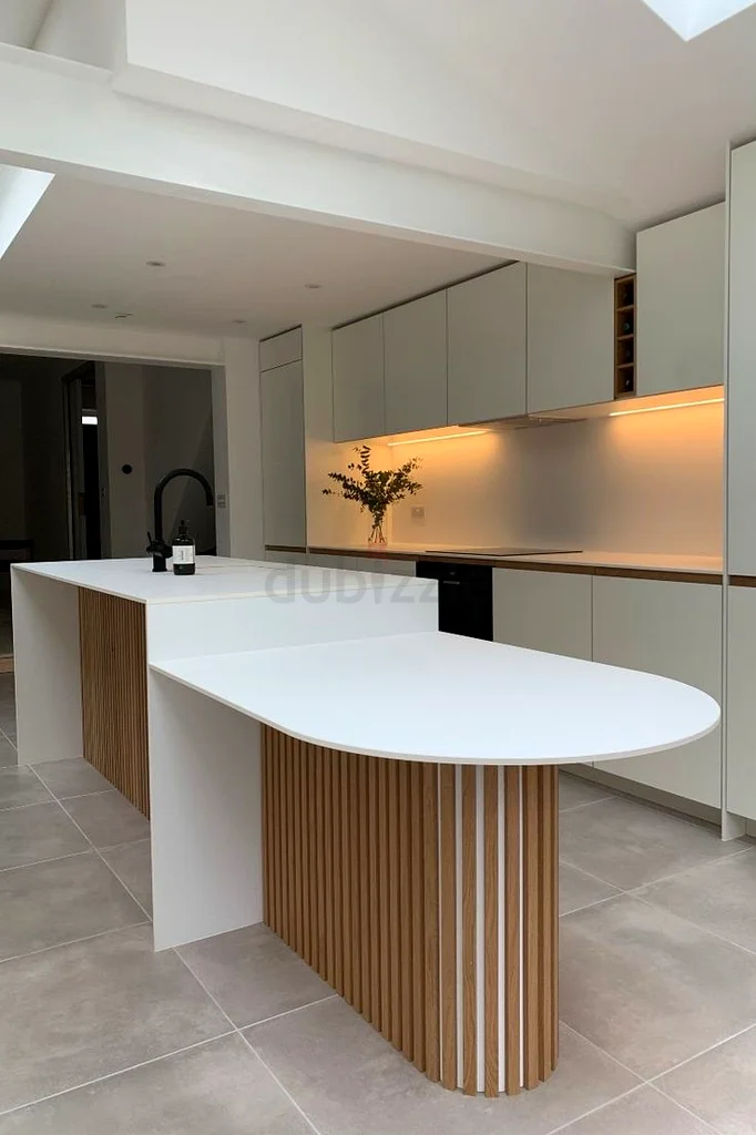 Custom Marble Kitchen Island with Fluted Wood Base – Modern Luxury Design63219338651777111