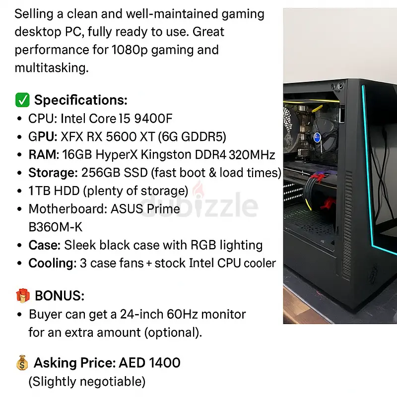 Gaming PC for Sale – RX 5600 XT + i5 9400F | Excellent Condition