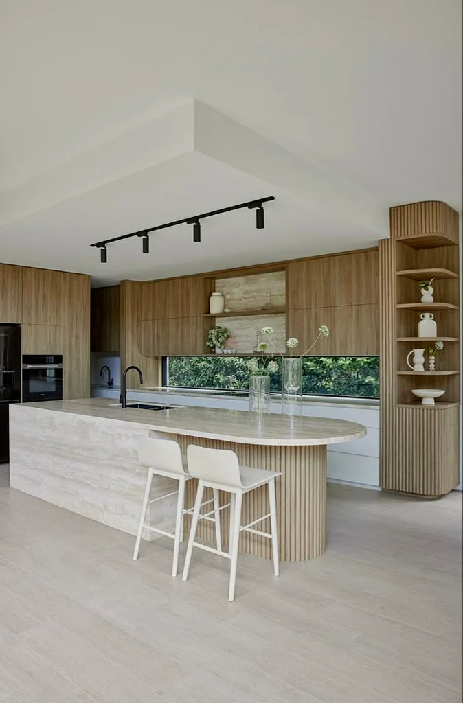 Custom Marble Kitchen Island with Fluted Wood Base – Modern Luxury Design63219338651777112