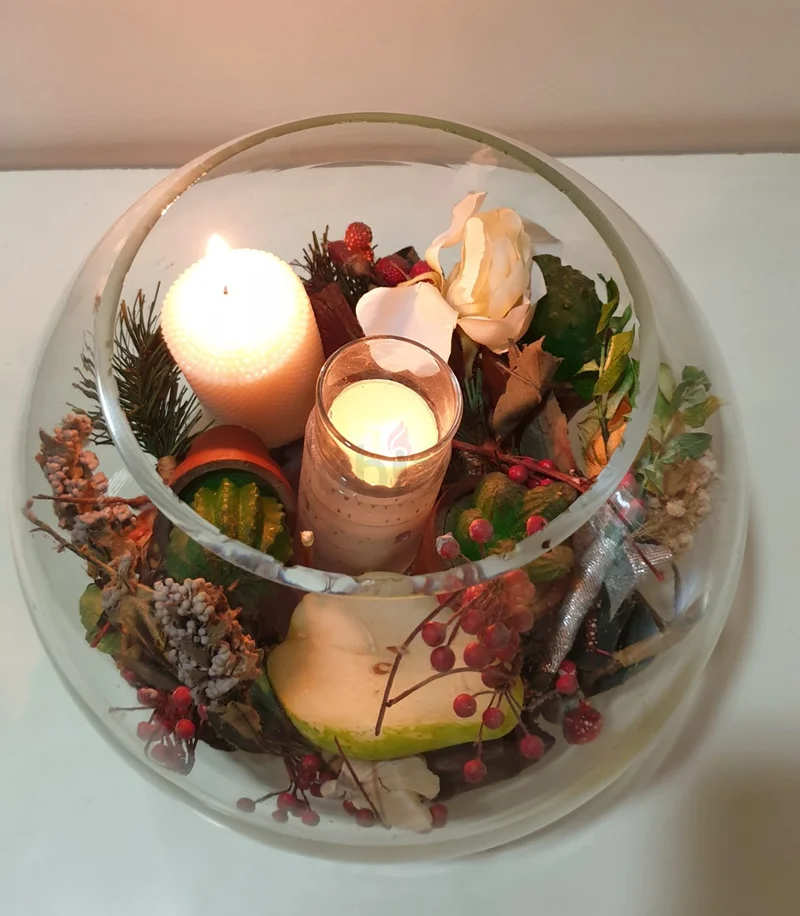 Enchanting Glass Candle Holder with Seasonal Decor62933697165955111