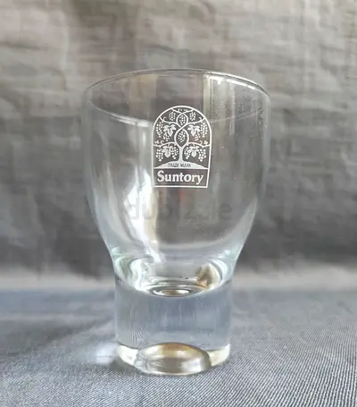 Vintage Suntory Whiskey Japan Glass With Suntory Trademark Print in White