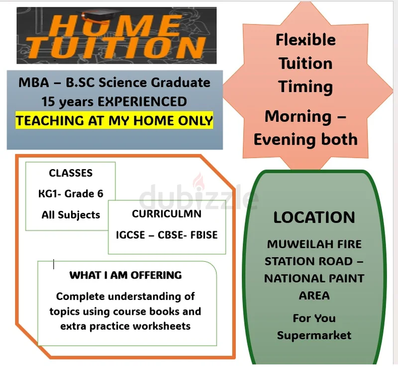 KG1 to Grade 6 tuition by MBA - B. Sc graduate Pakistani Teacher in Old Muweilah near Small Nesto628638294350111121