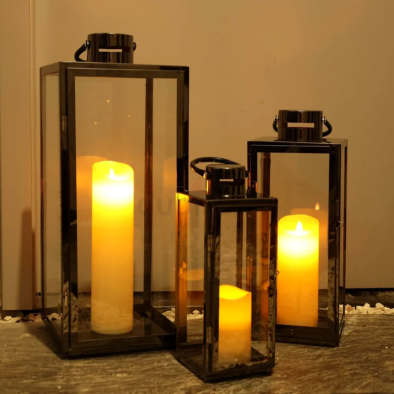 3-PC Set Jumbo Luxury Modern Indoor/Outdoor Hurricane Candle Lantern Set with Chrome Plated Structur63220322591233112