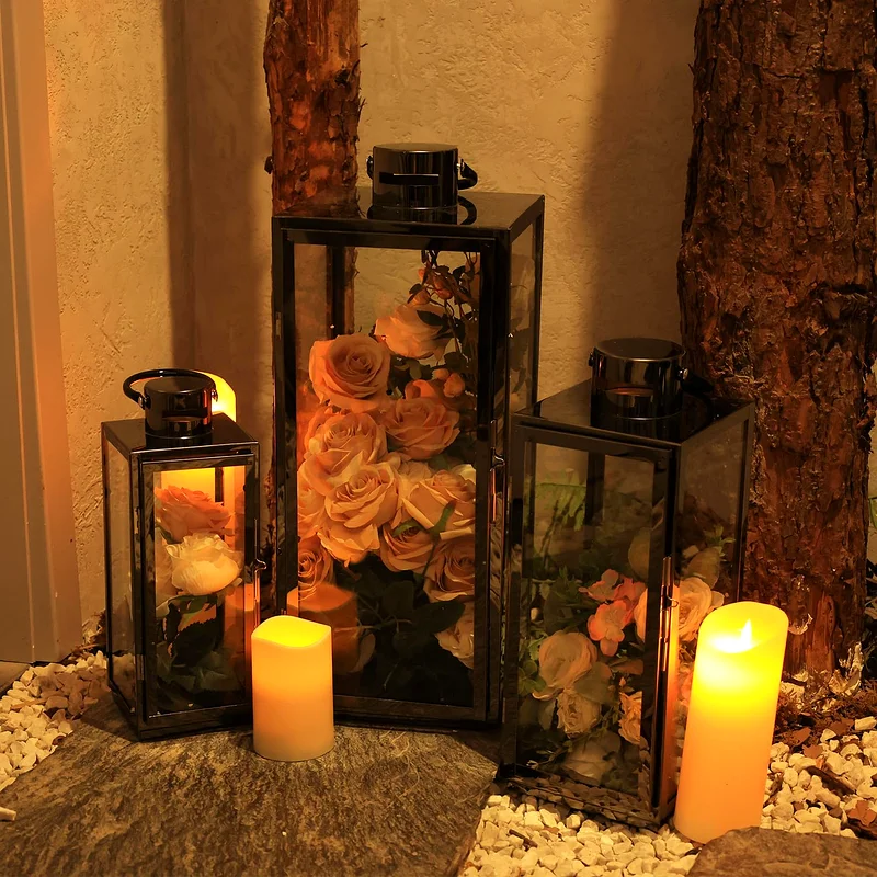 3-PC Set Jumbo Luxury Modern Indoor/Outdoor Hurricane Candle Lantern Set with Chrome Plated Structur63220322591233114
