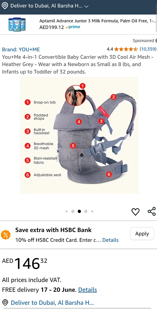 You+Me 4-in-1 Convertible Baby Carrier with 3D Cool Air Mesh - Heather Grey - Wear with a Newborn as63204857494659111