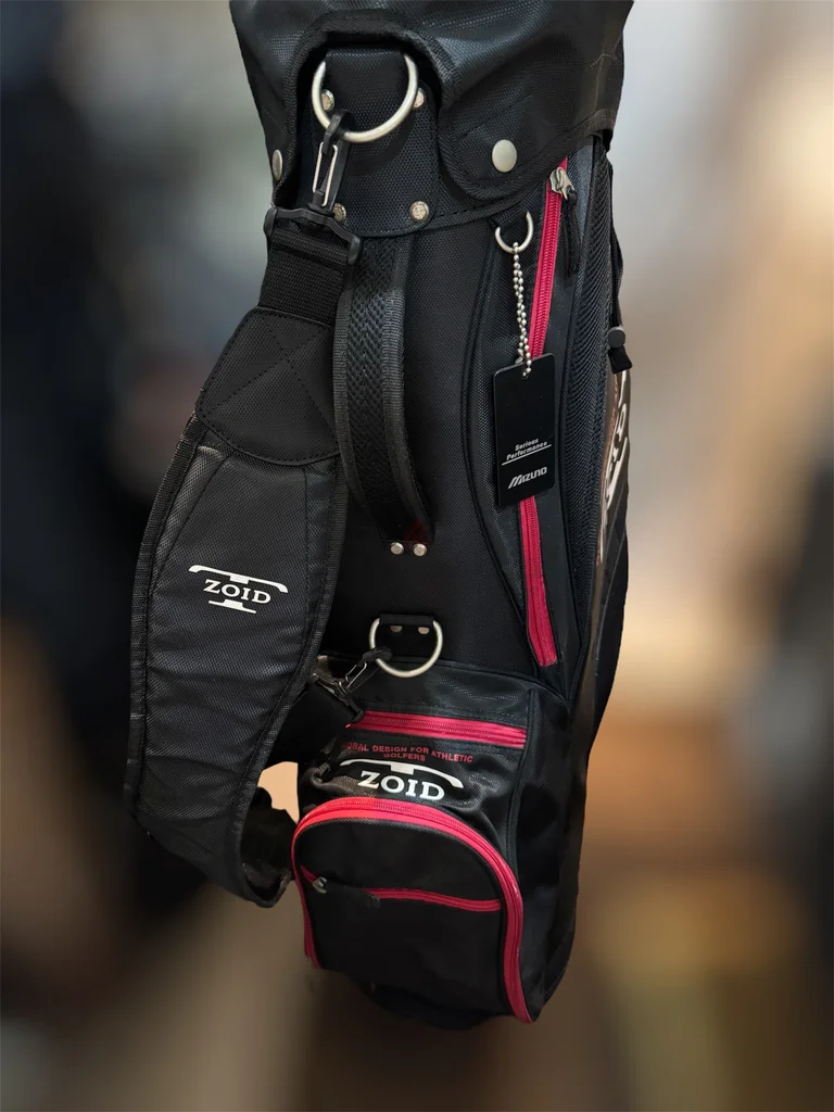 حقيبة عربة Mizuno T-Zoid، أحمر/أسود/أبيض، مع حزام وغطاء رأس، حقيبة جولف ذات فواصل خماسية62933695724291111