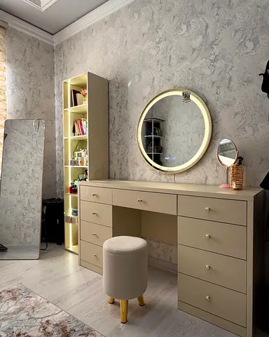 Elegant Beige Vanity Table with Circular Mirror