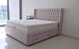Stylish Cream Upholstered Bed with Drawer Storage