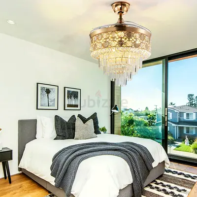 42 Crystal Invisible Ceiling Fan Light Dining Room Chandelier Lamp With Remote