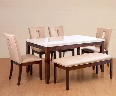 Marble Top Dining Table Set- Home Centre Solid Wood 6-Seater- Brown