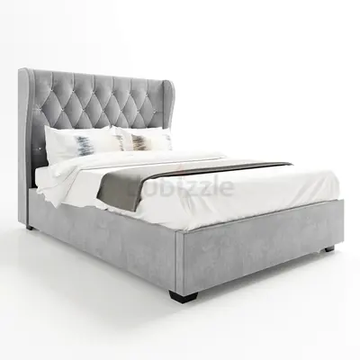 Elegant Grey Bed Frame with Plush Headboard