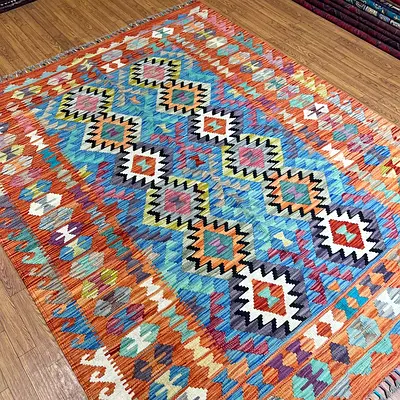156 x 193 cm | New Handmade Beautiful Turkmen Kilim Orange and Blue