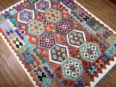 153 x 200 cm | New Handmade Beautiful Turkmen Kilim Beige Orange