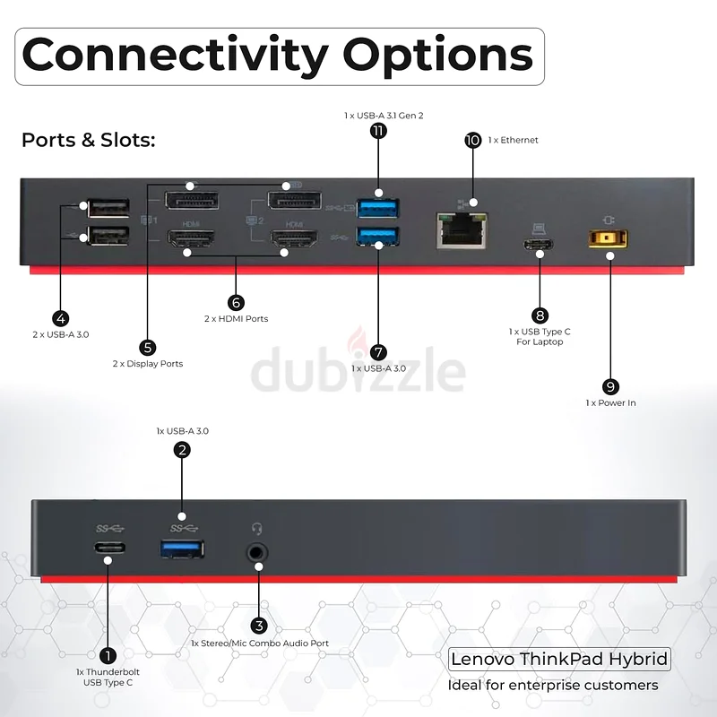 .Lenovo ThinkPad محطة إرساء هجينة بمنفذ USB-C، عالمية، دقة 4K UHD، 4 مخرجات عرض، محطة إرساء (40AF0135)63166654109315113