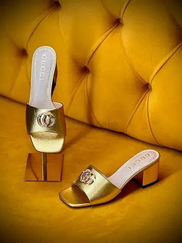Womens slide sandals with double Gin metallic gold