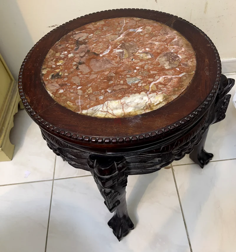 Antique Carved Rosewood  Marble Side Tables -a pair of contemporary brown marble top63216347282817114