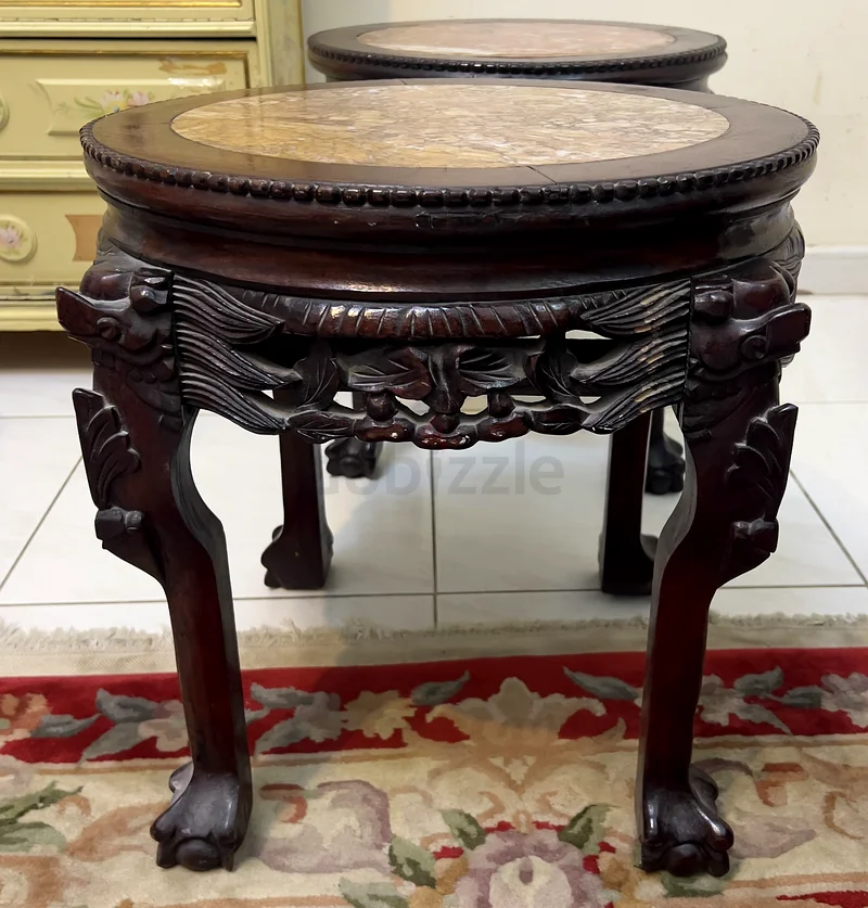 Antique Carved Rosewood  Marble Side Tables -a pair of contemporary brown marble top63216347282817112