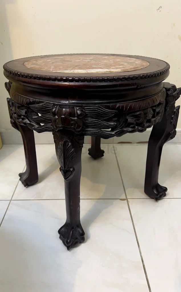 Antique Carved Rosewood  Marble Side Tables -a pair of contemporary brown marble top63216347282817113