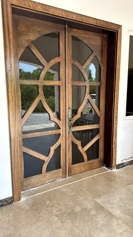Elegant Wooden Double Door with Decorative Glass