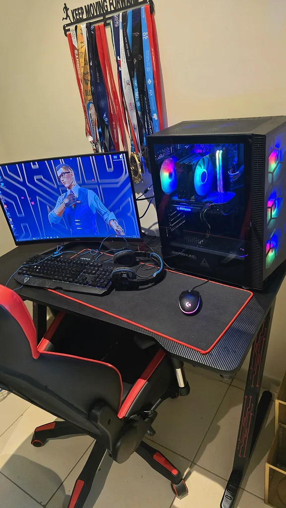 High end Gaming Desktop Setup with RGB and High-Performance Gear with gaming table and gaming chair63228828696577111