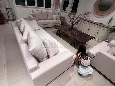 Stylish Off-White Sofa Set with Wooden Coffee Table - Perfect for Your Living Room!