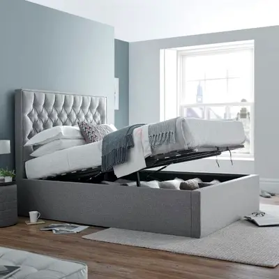 Stylish Grey Upholstered Storage Bed with Lift-Up Mechanism
