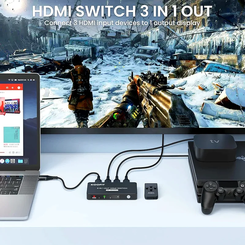 مفتاح KOOFIT HDMI 4K@60 هرتز، مفتاح HDMI 3 مدخلات ومخرج واحد مع جهاز تحكم عن بعد، مفتاح HDMI تلقائي متعدد الاتصالات63260749509762113