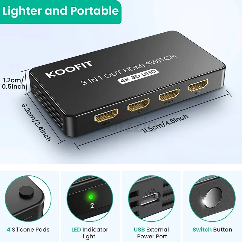 مفتاح KOOFIT HDMI 4K@60 هرتز، مفتاح HDMI 3 مدخلات ومخرج واحد مع جهاز تحكم عن بعد، مفتاح HDMI تلقائي متعدد الاتصالات63260749509762114