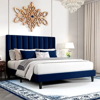 Elegant Navy Blue Upholstered Bed Set