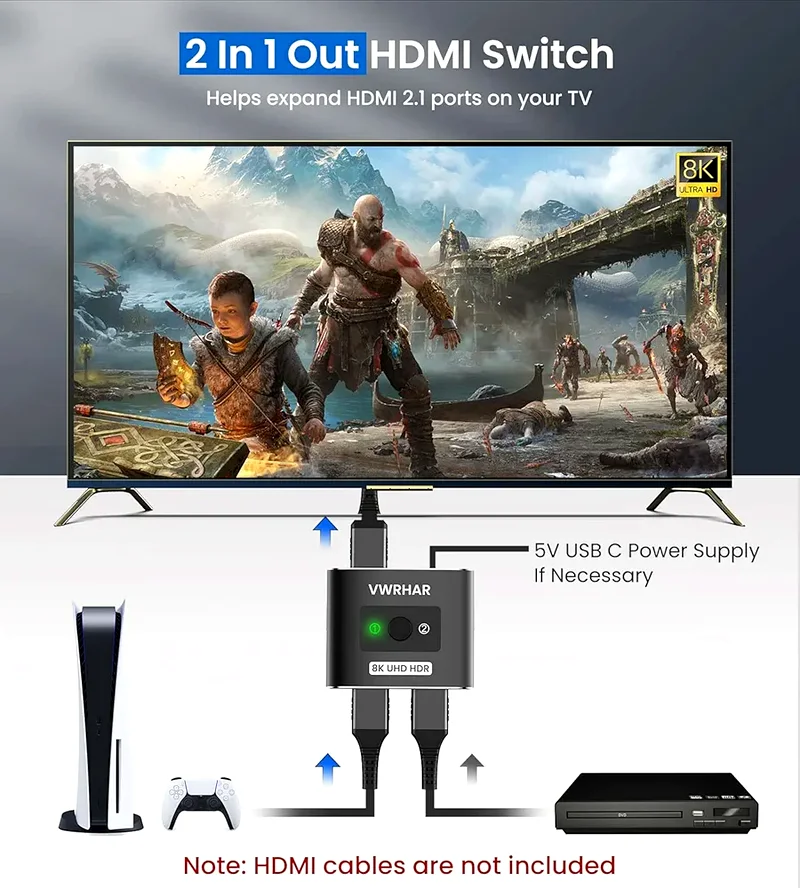 VWRHar HDMI 2.1 Switch 8K HDMI Splitter HDMI Switcher Ultra HD High Speed 48Gbps HDMI 2.1 Splitter S63263526455171111