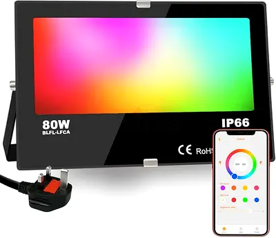 LED Floodlight 80W Equivalent, Outdoor RGB Colour Changing, Smart Flood Lights RGBW 2700K Warm Whit