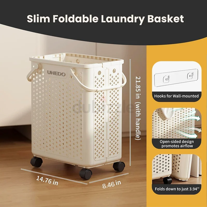 2238 - Narrow Laundry Basket with Wheels and Handle, 40L Slim Foldable Laundry Hamper for Apartment, Gym63182262786562111