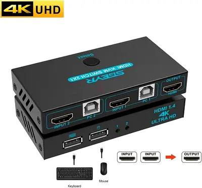 SGEYR 2x1 HDMI KVM Switch 4K 2 Port USB KVM Switch 2 PC 1 Monitor KVM Switch Keyboard Mouse