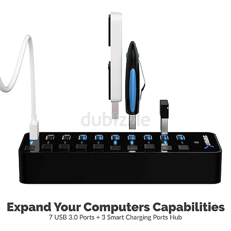 60W 10 Port USB 3.0 Hub Includes 3 Smart Charging Ports with Individual Power Switches and LEDs63256063992962111