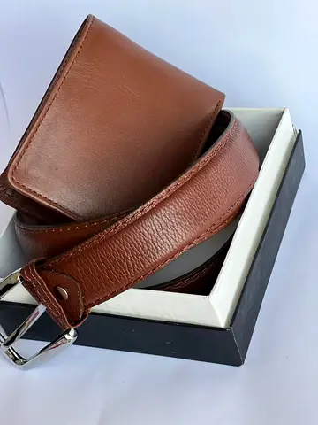 Stylish Brown original Leather Belt and Wallet Set