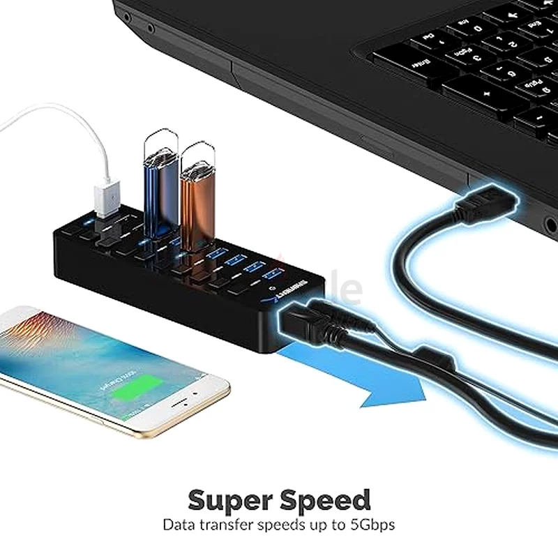60W 10 Port USB 3.0 Hub Includes 3 Smart Charging Ports with Individual Power Switches and LEDs63256063992962113