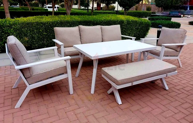 أريكة حديقة خارجية بيضاء من الألومنيوم بـ 7 مقاعد مع طاولة كبيرة63218809933697111