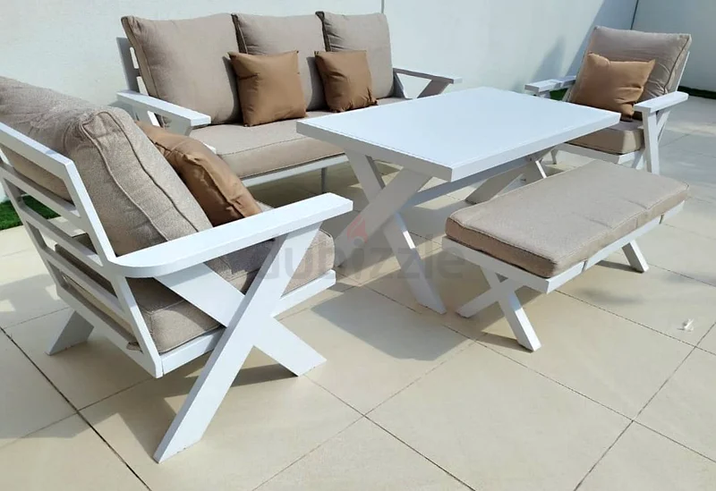 طقم أريكة حديقة خارجية فائقة الجودة من الألومنيوم الأبيض بتصميم جديد مع طاولة كبيرة63191609816577111