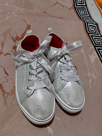 Sparkling Silver Womens Sneakers with Satin Laces