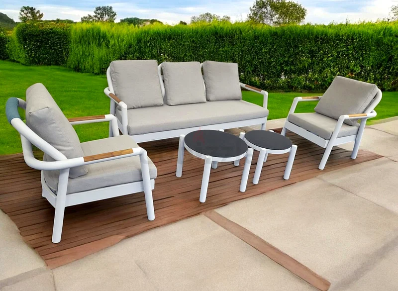 High Quality 5 Seater White Aluminium Frame Garden Sofa Set with Two Tables63220328142977113