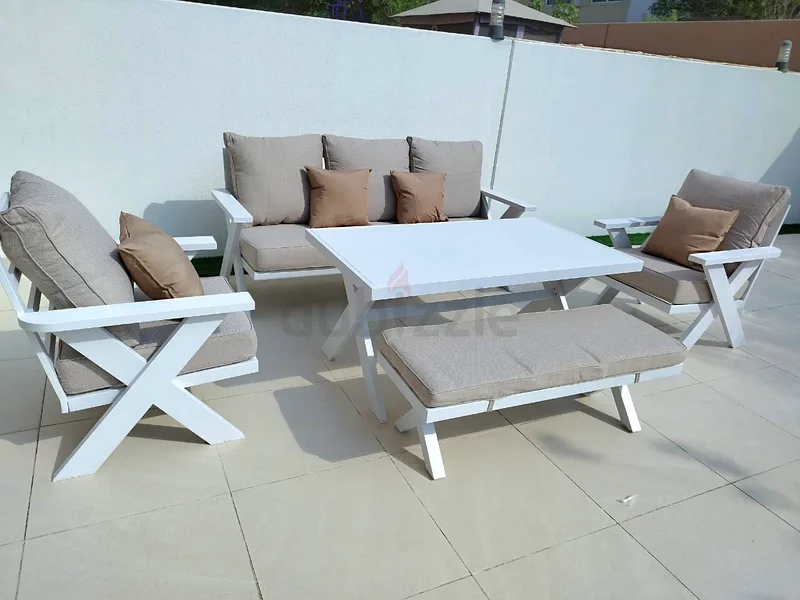 طقم أريكة حديقة خارجية فائقة الجودة من الألومنيوم الأبيض بتصميم جديد مع طاولة كبيرة63191609816577113
