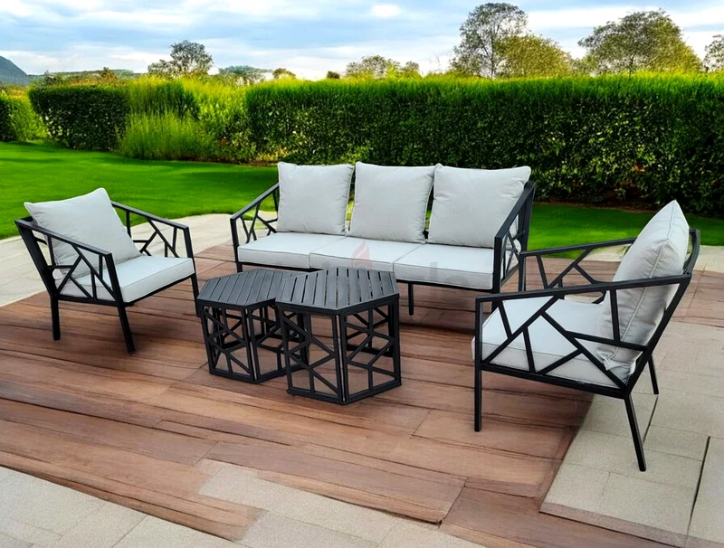 Beautiful Design Black Metal Garden Sofa Outdoor Sofa Set with Two Tables63220328168450112