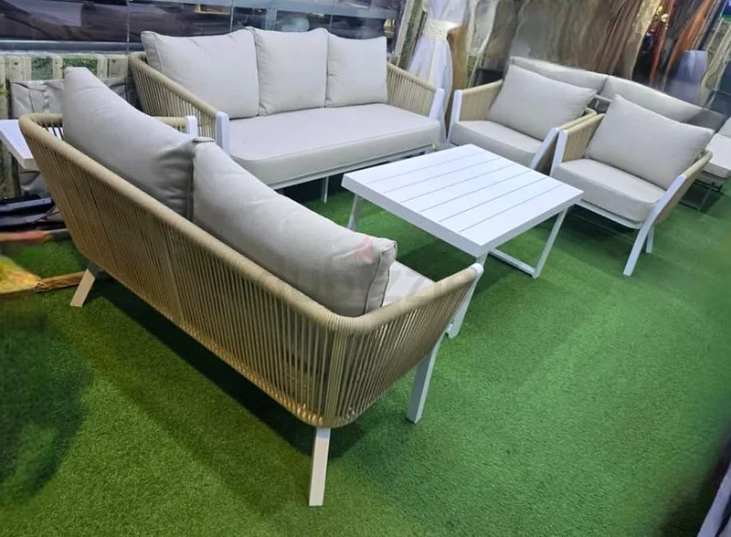 طقم أريكة خارجية للحديقة بتصميم حبل عالي الجودة جدًا، باللون البيج والأبيض مع الألومنيوم63218311199745113