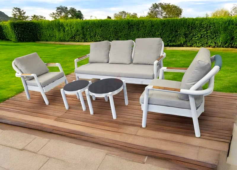 High Quality 5 Seater White Aluminium Frame Garden Sofa Set with Two Tables63220328142977111