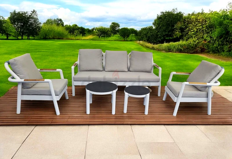 High Quality 5 Seater White Aluminium Frame Garden Sofa Set with Two Tables63220328142977112