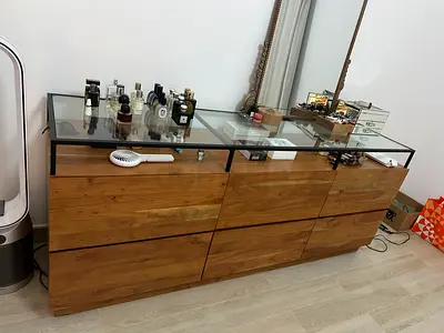 CB2 Stylish Wooden Sideboard with Glass Top