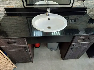 3 pieces of Stylish Black Granite   Vanity with Storage for barbar shop