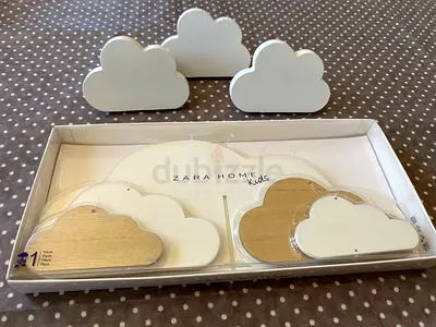 Zara Home Wooden Cloud Mobile and 3 Wooden Cloud Wall Hooks Both BNWT